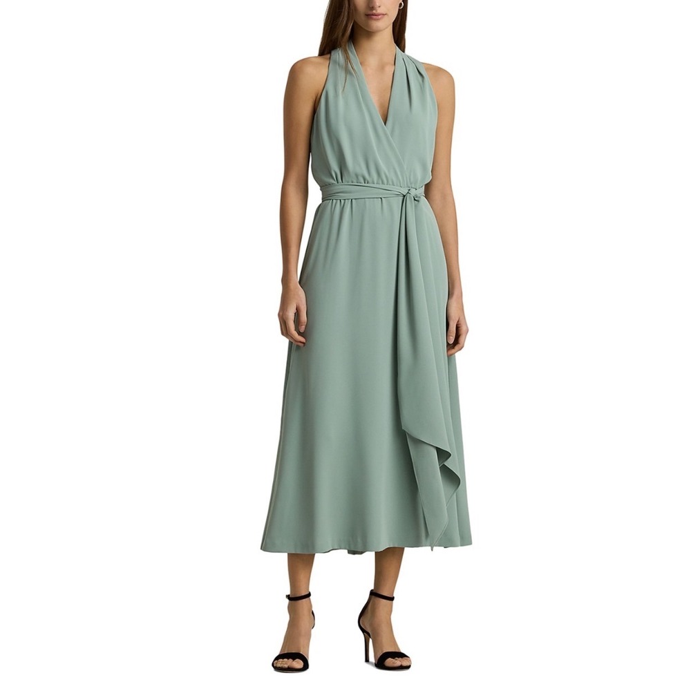 Ralph Lauren Soft Laurel Green Sleeveless‎ Halter Midi Cocktail Dress Size 10